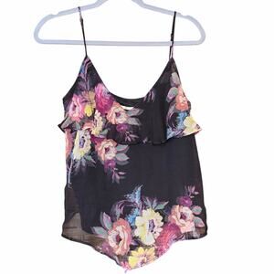 Cynthia Vincent Silk Floral Camisole Top Size M Ruffle Hem Boho moody romantic